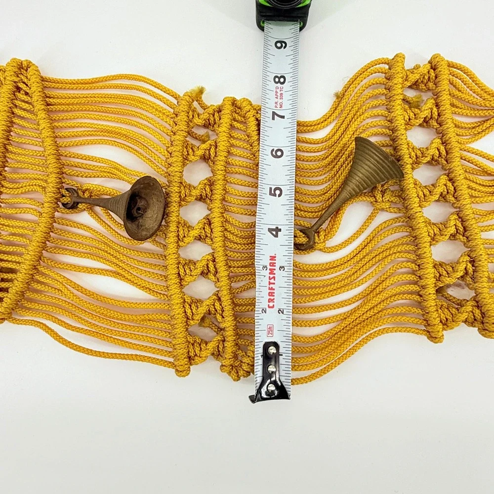 Vintage Macrame Wall Hanging Bell Chimes Mustard Yellow Boho Decor 31 in‎